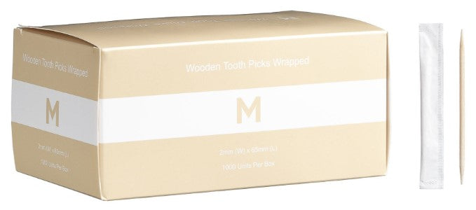 Wooden Tooth Picks Wrapped - Natural, 2x 65mm Long