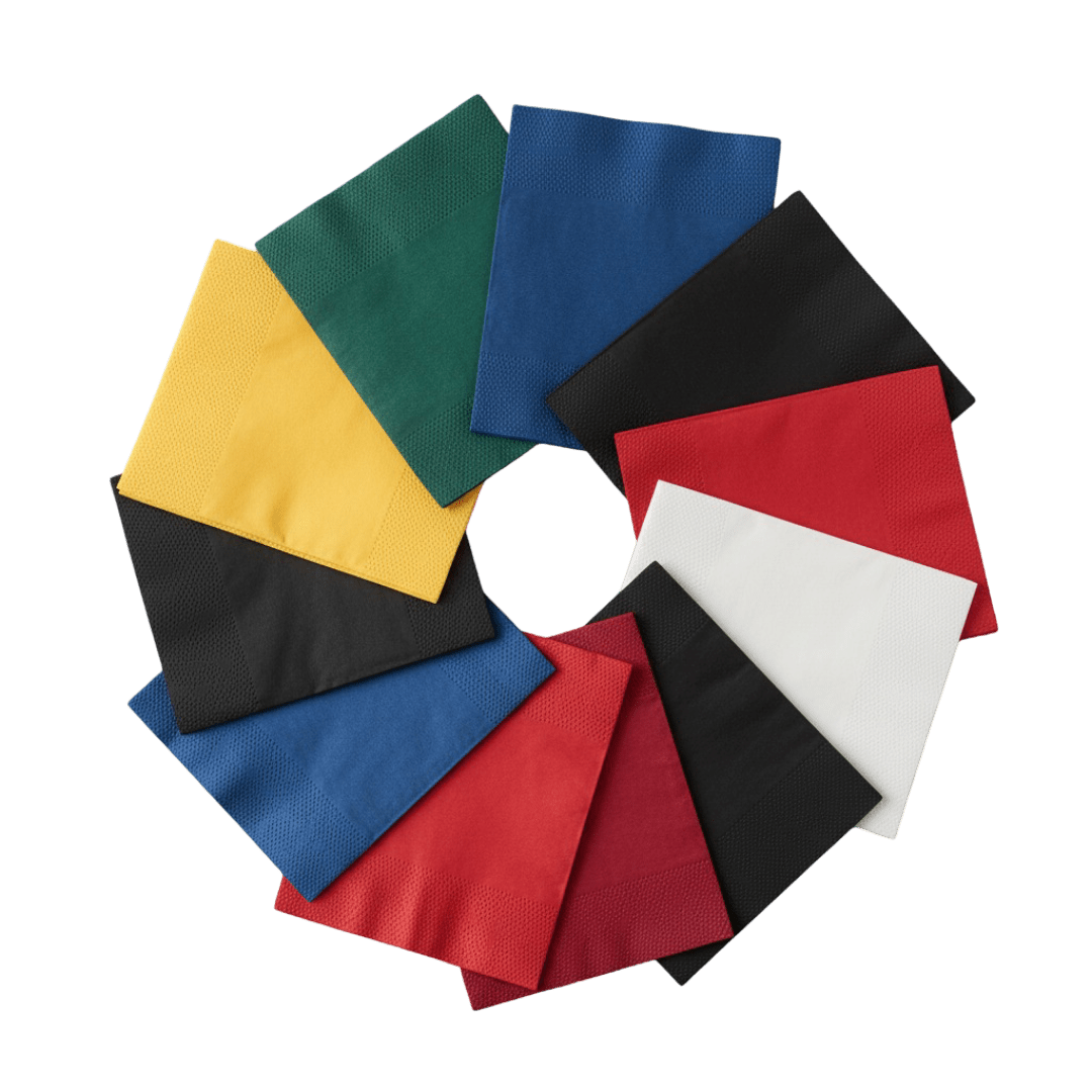 Colored Napkins : Golden yellow, Mountain pine green, Dark Blue, Burgundy red, Red, Black and white. - Sailcity Packaging