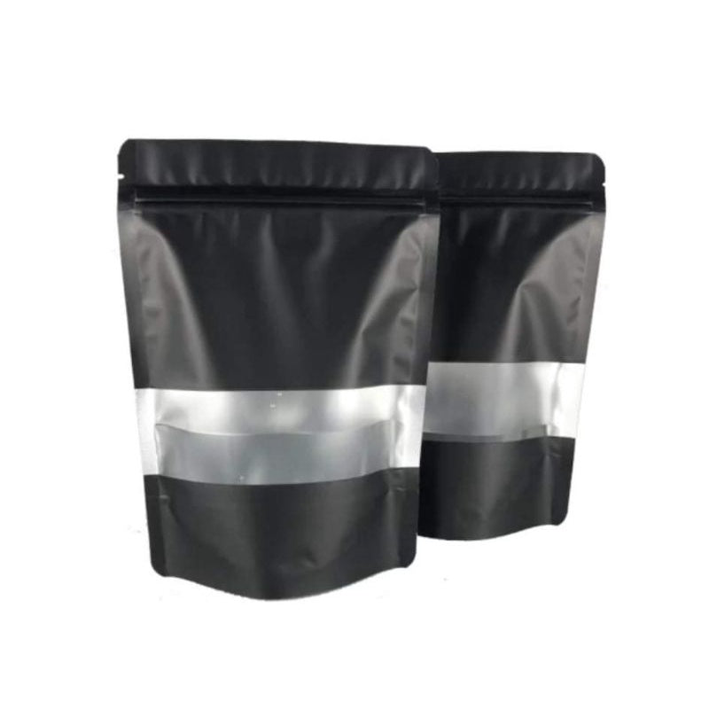 Stand Up Pouch Black with rectangular window & Zipper / Material spec: matt Black kraft + OPP + Craft paper + CPP - Sailcity Packaging