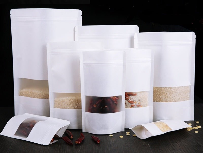 Stand up Pouch White With Rectangular Window & Zipper / Material Specs : Matt White Kraft - OPP + Craft Paper + CPP - Sailcity Packaging