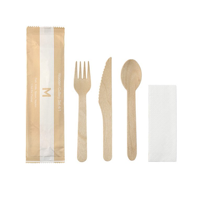 Wooden Cutlery Set 4/1 - Natural, Fork/Knife/Spoon/Napkin - Sailcity Packaging