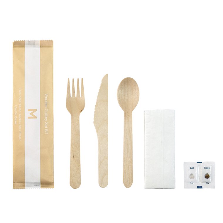 Wooden Cutlery Set 6/1 - Natural, Fork/Knife/Spoon/Napkin/Salt/Pepper - Sailcity Packaging