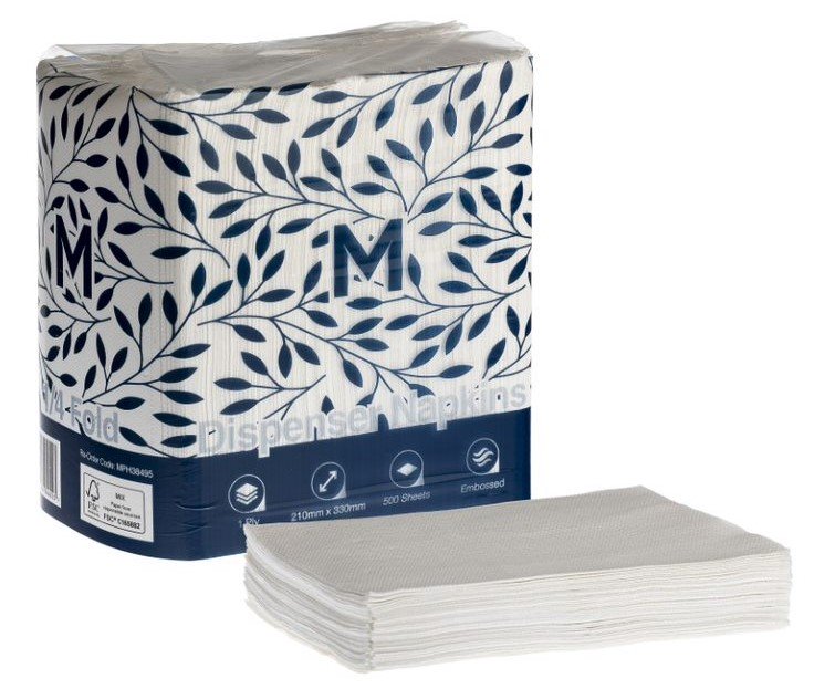 Embossed Dispenser Napkins - White, 210x 330mm, 1 Ply