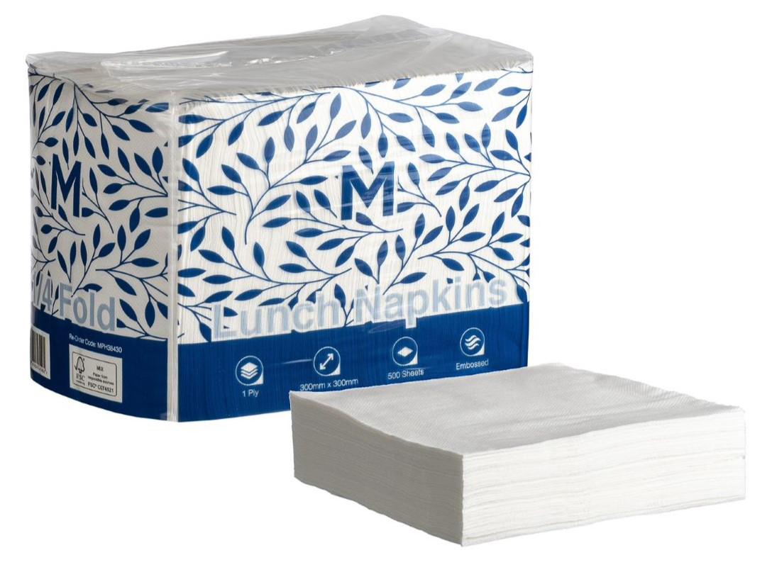 Embossed Lunch Napkins 1/4 Fold - White, 300x 300mm, 1 Ply - Sailcity Packaging