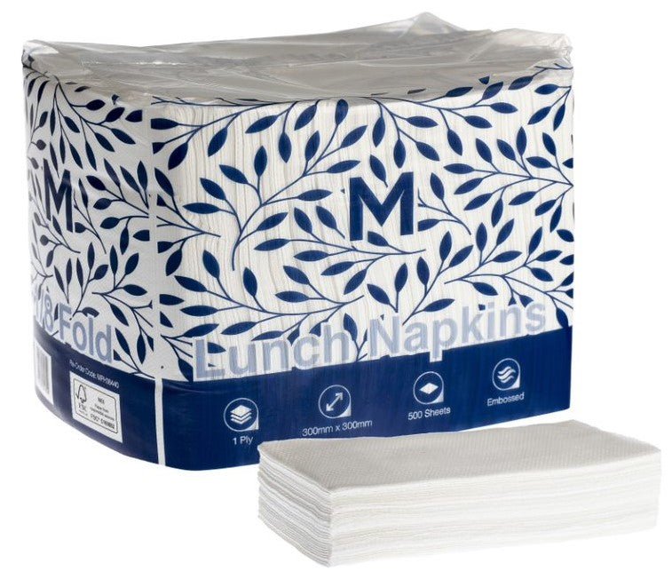 Embossed Lunch Napkins 1/8 Fold - White, 300x 300mm, 1 Ply - Sailcity Packaging