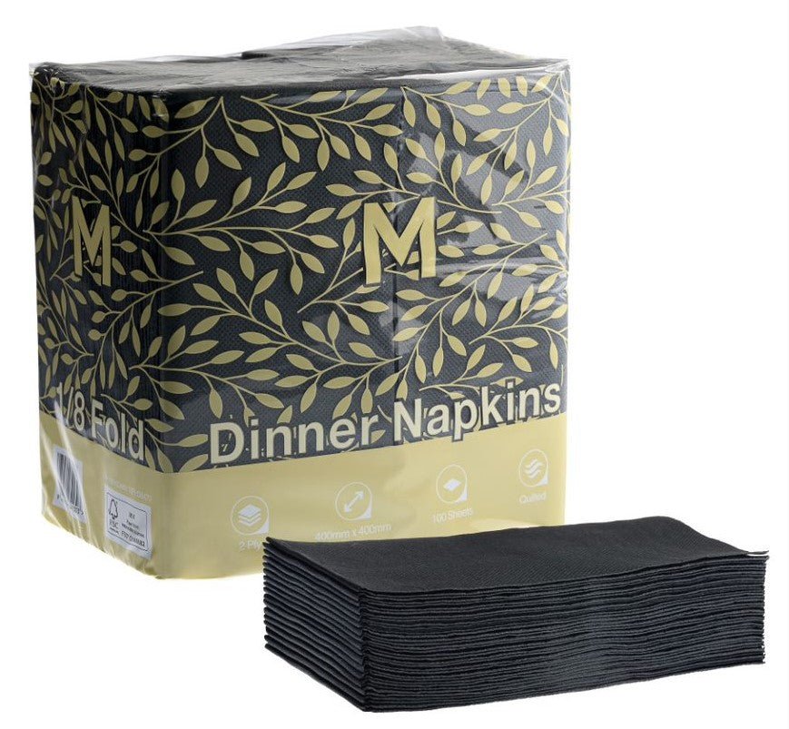 Quilted Dinner Napkins 1/8 Fold - Black, 400x 400mm, 2 Ply - Sailcity Packaging