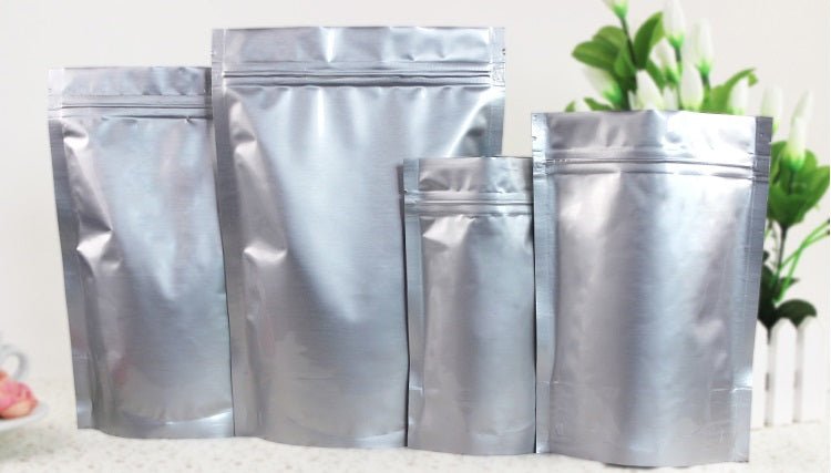 Stand up Pouch Silver Aluminium Foil With Zipper / Material Specs : Silver Aluminium Foil -  PET + AL + PE - Sailcity Packaging