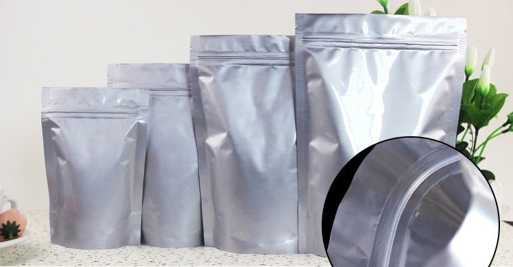 Stand up Pouch Silver Aluminium Foil With Zipper / Material Specs : Silver Aluminium Foil -  PET + AL + PE - Sailcity Packaging