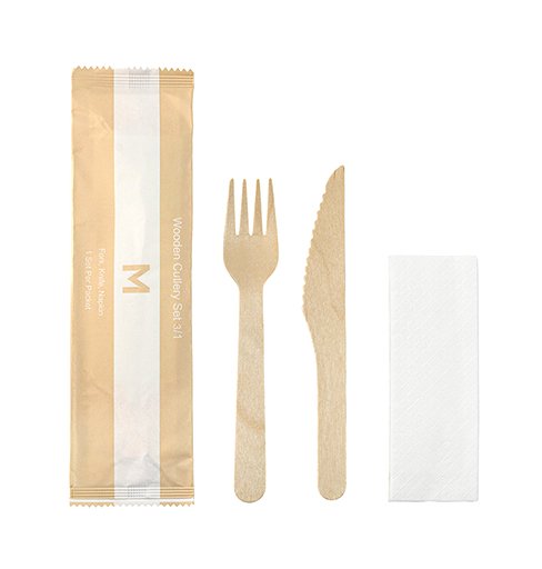 Wooden Cutlery Set 3/1 - Natural, Fork/Knife/Napkin - Sailcity Packaging